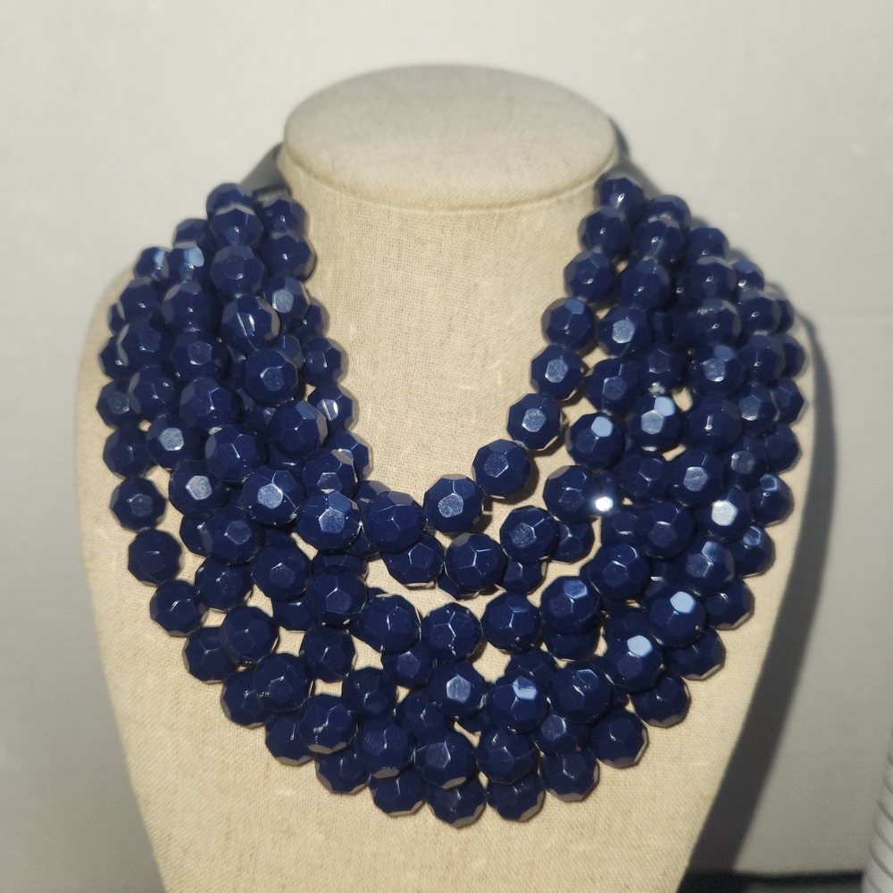 Fairchild Baldwin Navy Blue Faceted Bead Multi Strand Leather Collar Necklace